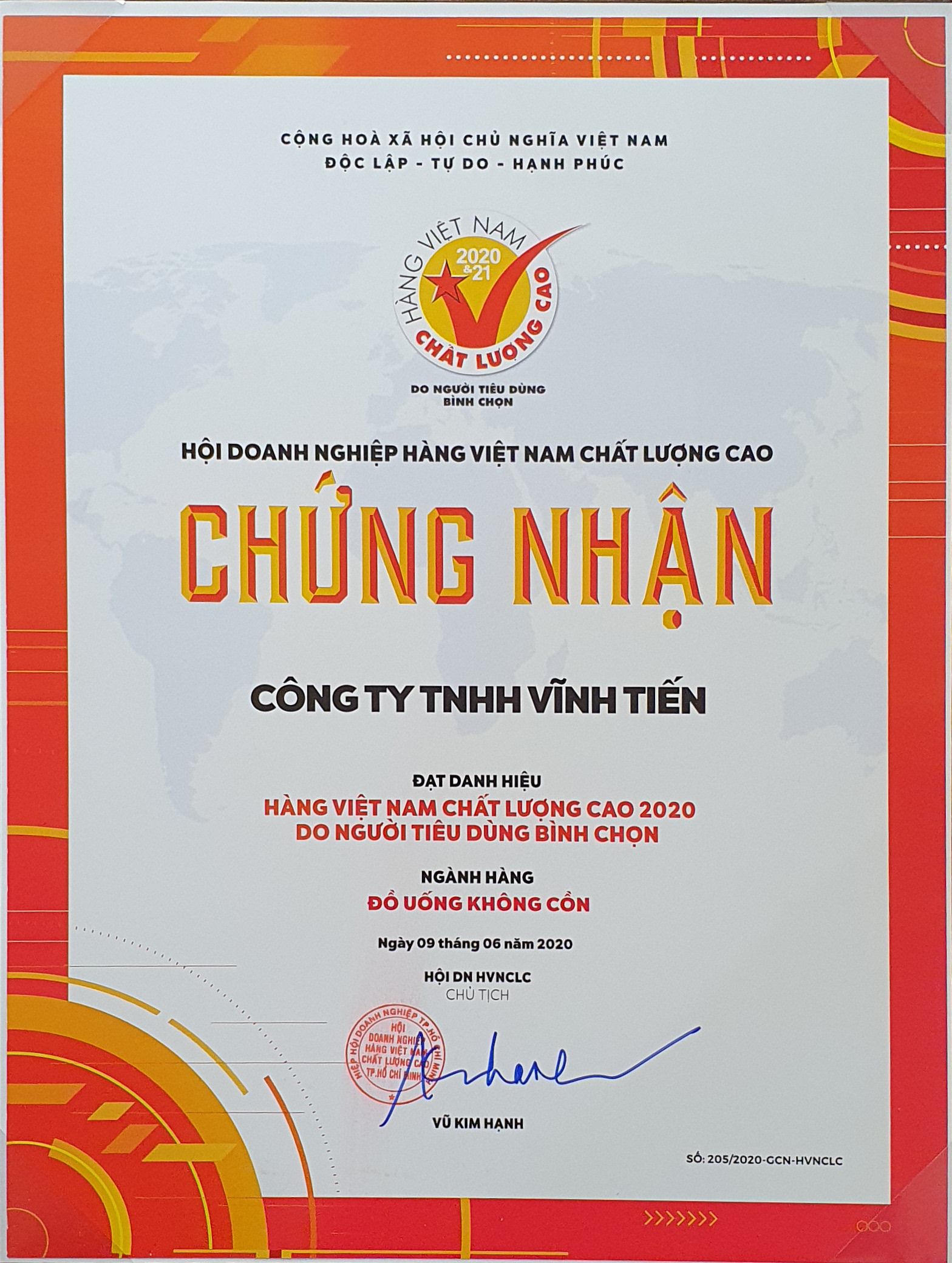 CÔNG TY TNHH VĨNH TIẾN ĐẠT DANH HIỆU HÀNG VIỆT NAM CHẤT LƯỢNG CAO 2020 – DO NGƯỜI TIÊU DÙNG BÌNH CHỌN.